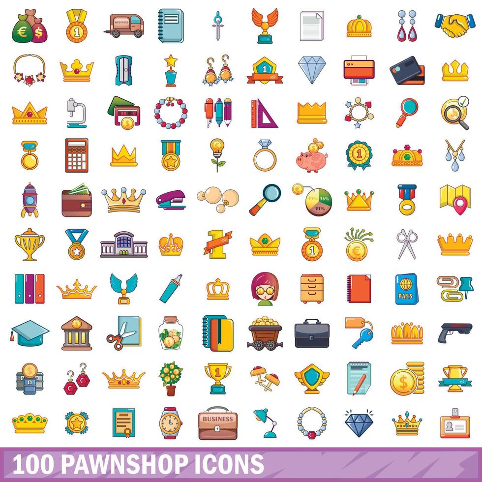 100 iconos de casa de empeño, estilo de dibujos animados vector