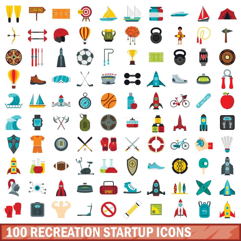 100 recreation startup icons set, flat style vector