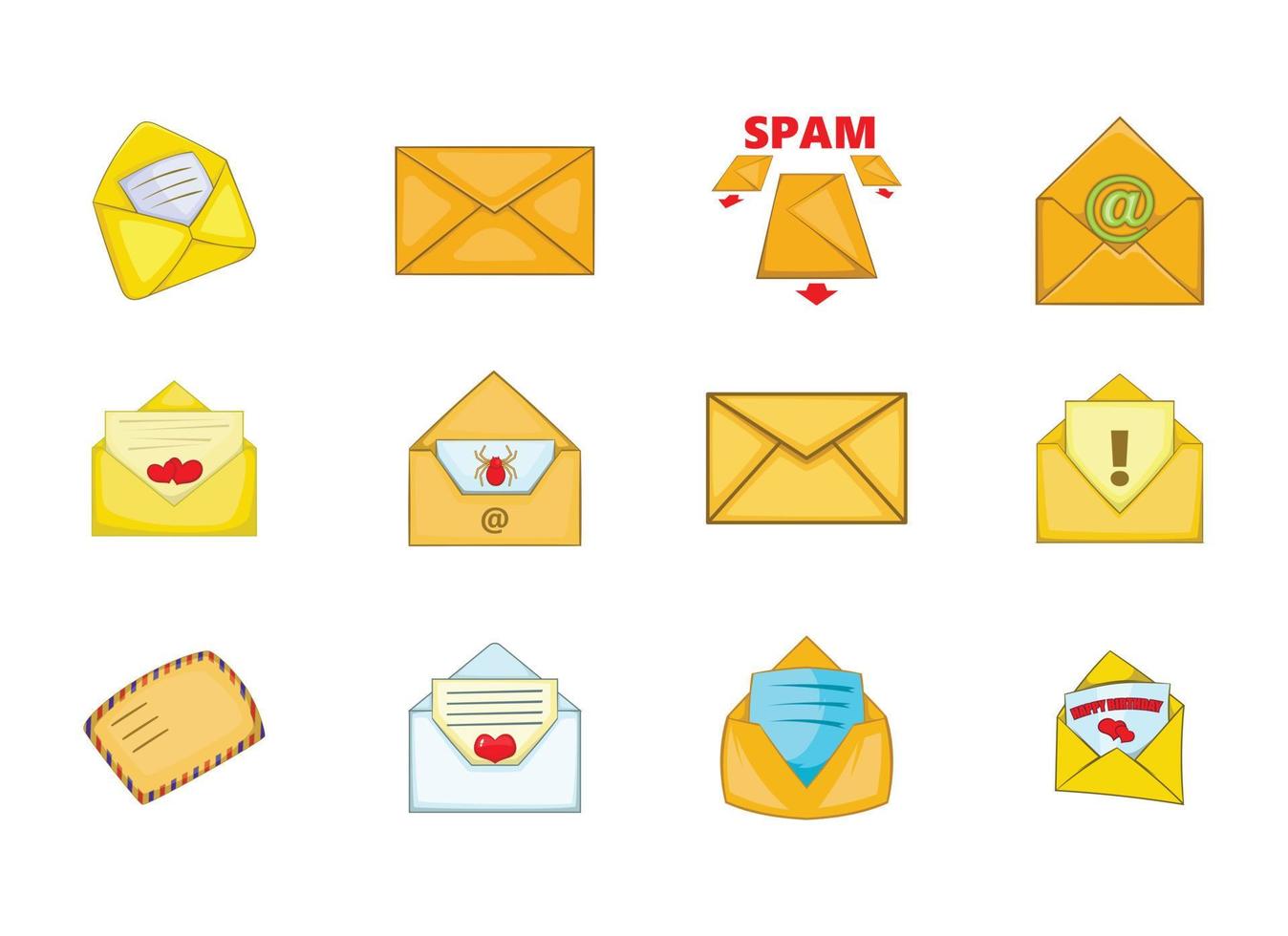 Mail icon set, cartoon style vector