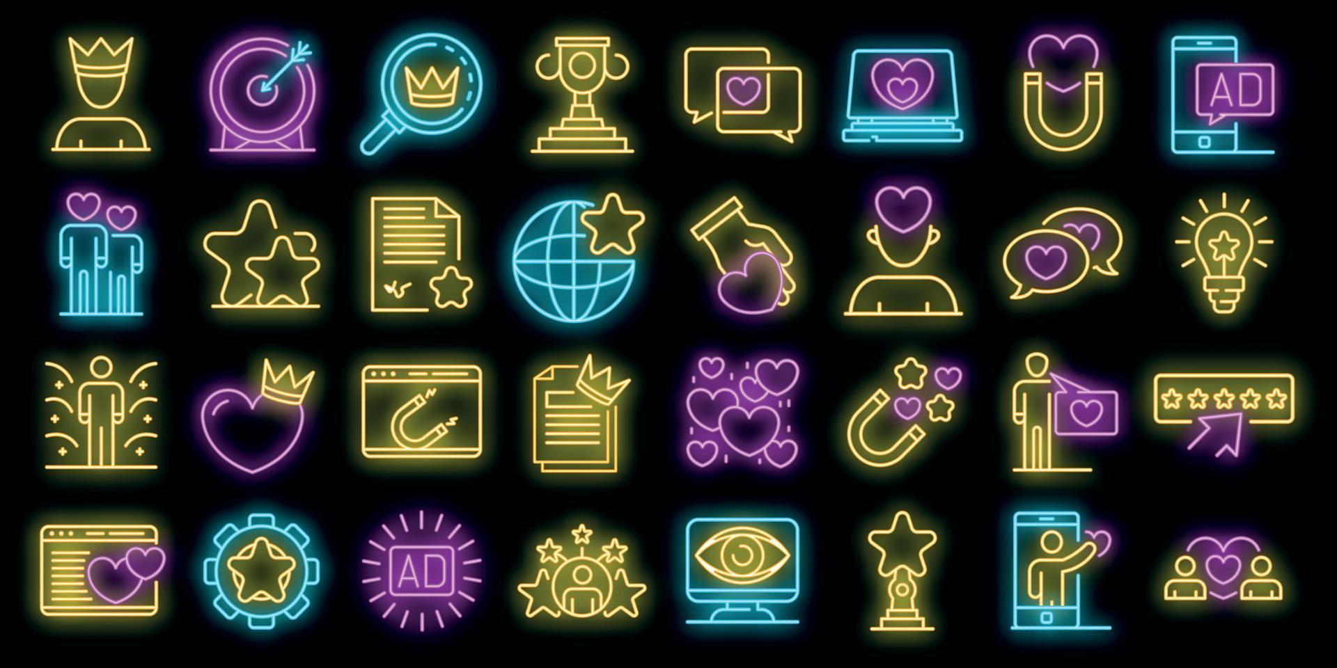 Engaging content icons set vector neon