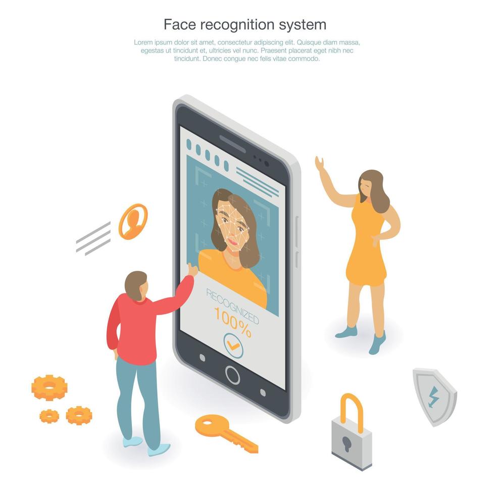 Face recognition concept background, isometric style vector