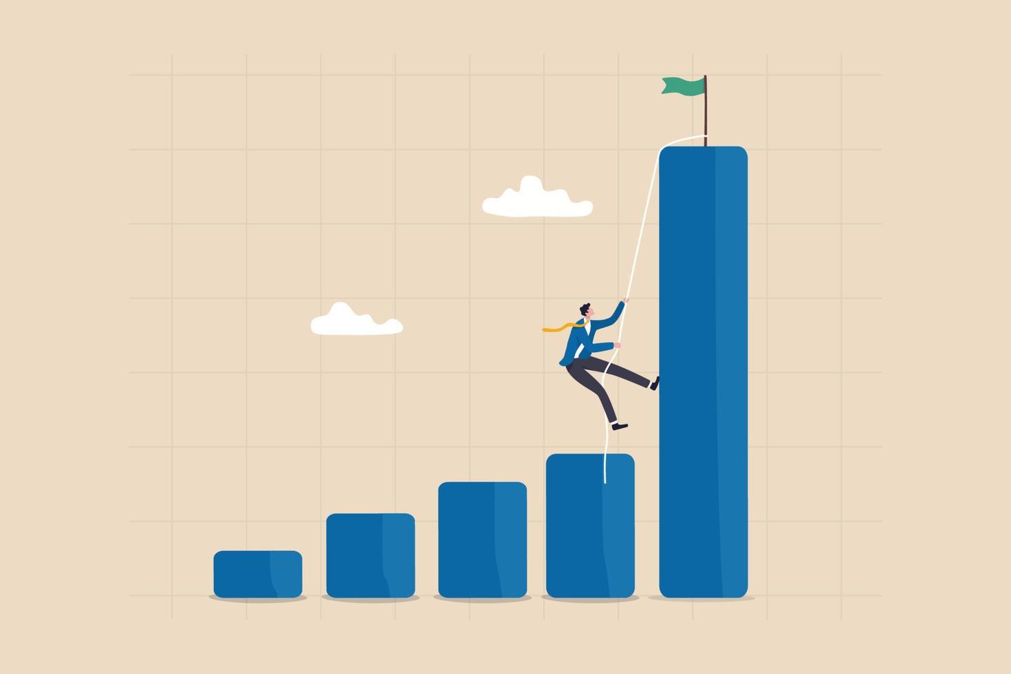 Effort to reach target or achieve success goal, ambition or determination to grow and reaching goal, courage and growth concept, ambitious businessman climb up chart and graph to the top of high bar. vector