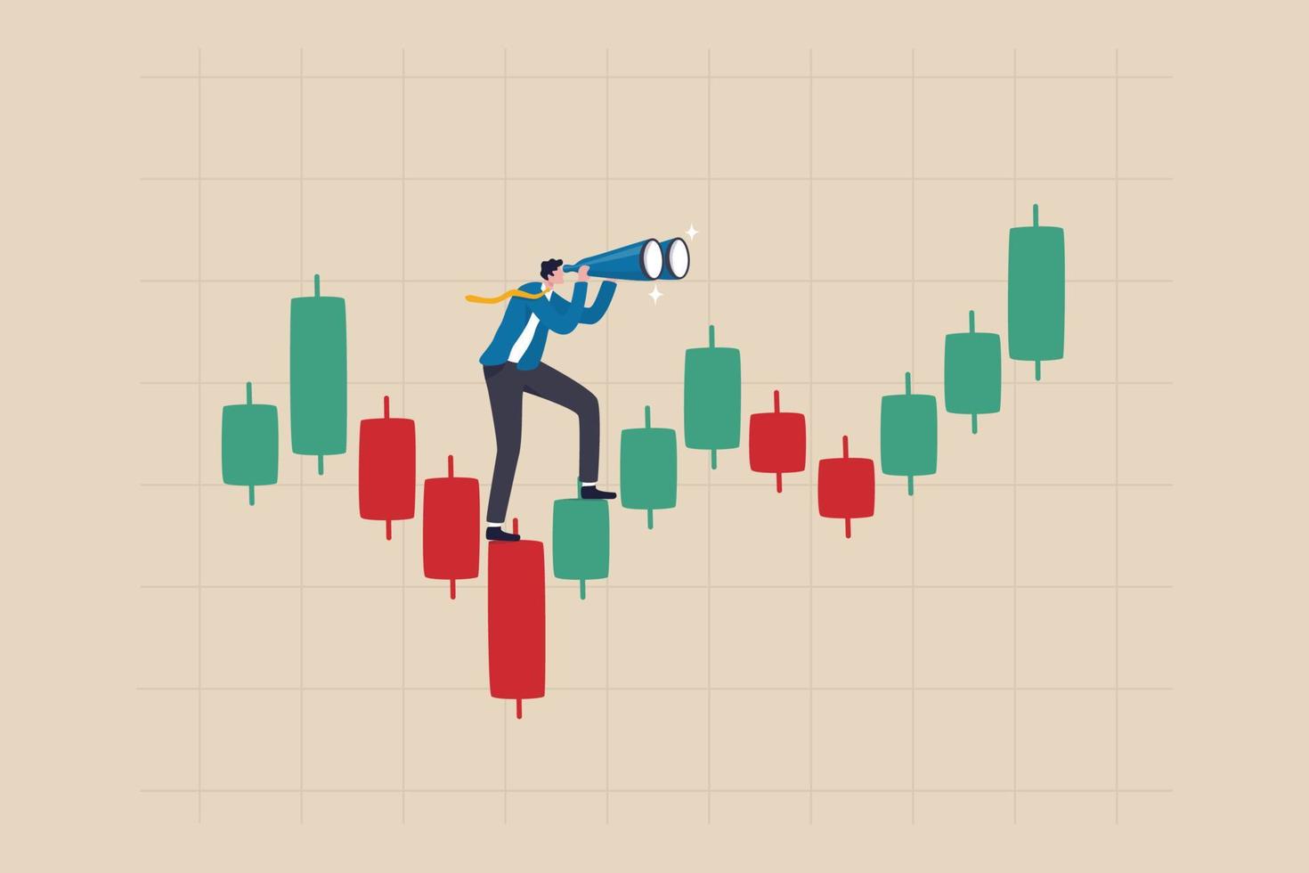 Investment forecast or prediction, vision to see investing opportunity, future profit from stock and crypto trading concept, businessman investor look on spyglass on trading candlestick chart. vector