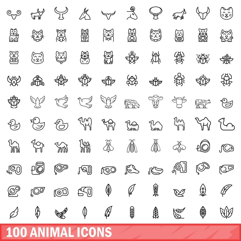 100 iconos de animales, estilo de esquema vector