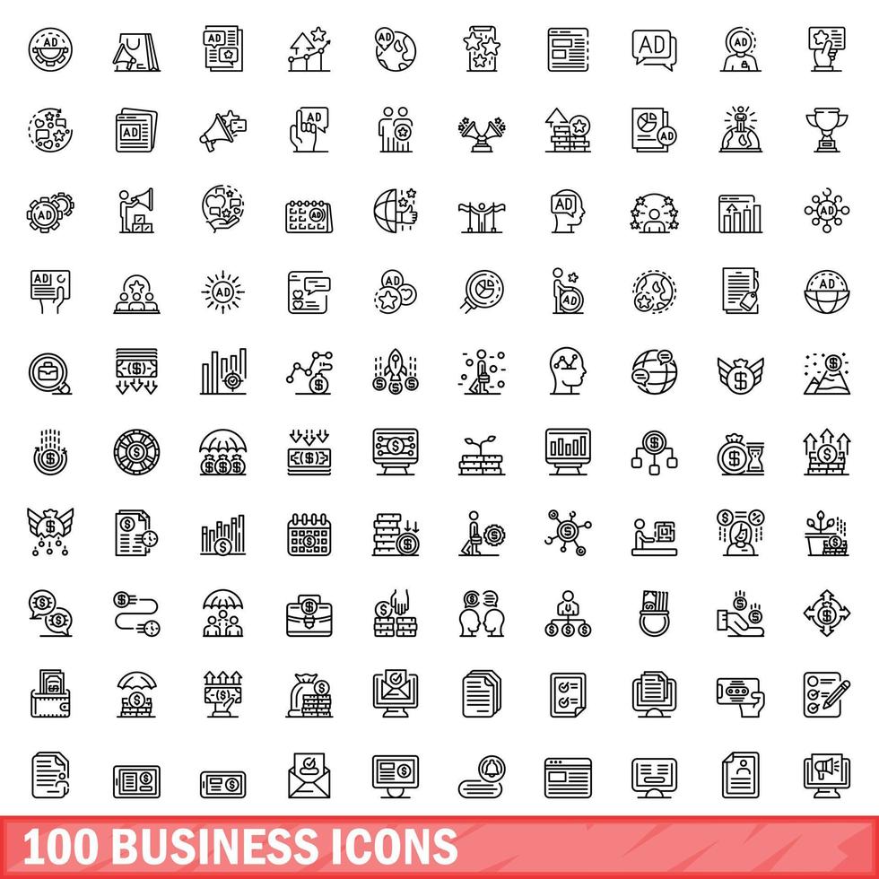 100 business icons set, outline style vector