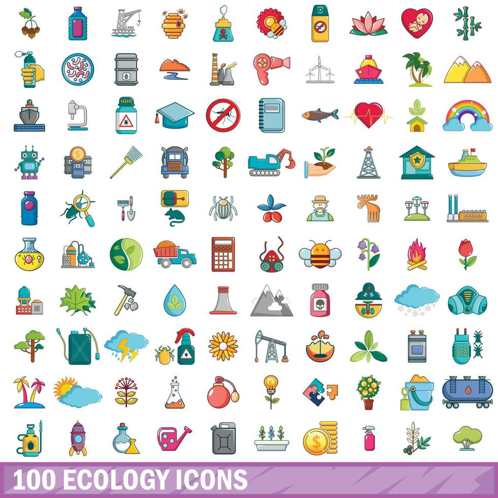 100 ecology icons set, cartoon style vector