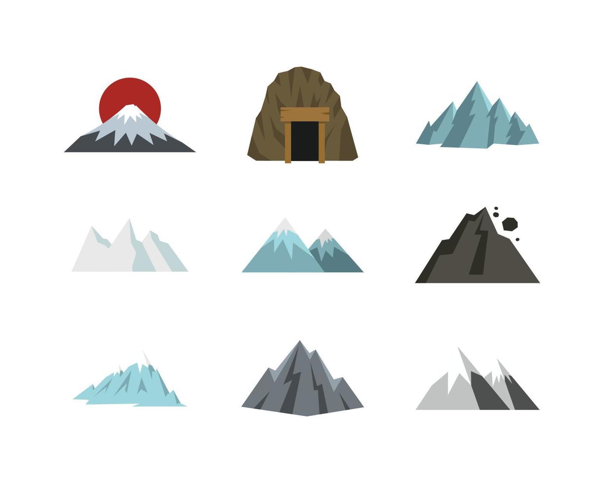 conjunto de iconos de montaña, tipo plano vector