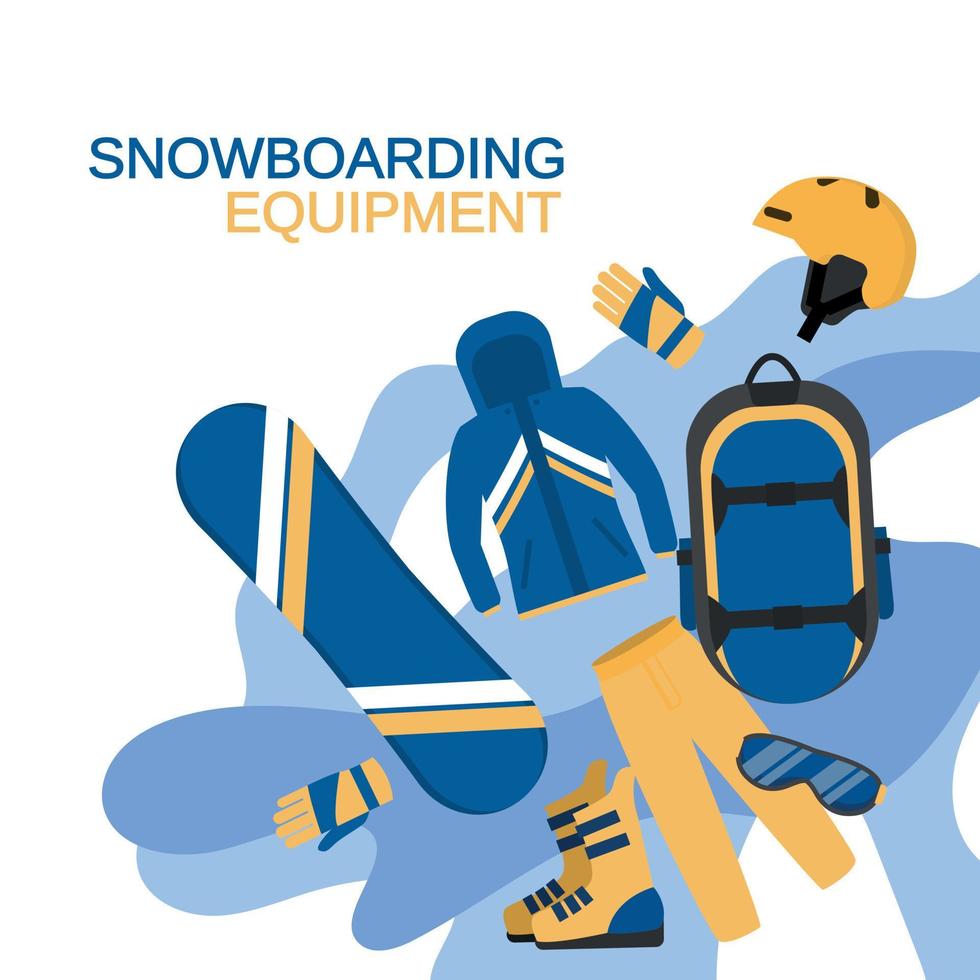 Fondo de concepto de equipo de snowboard moderno, estilo plano vector