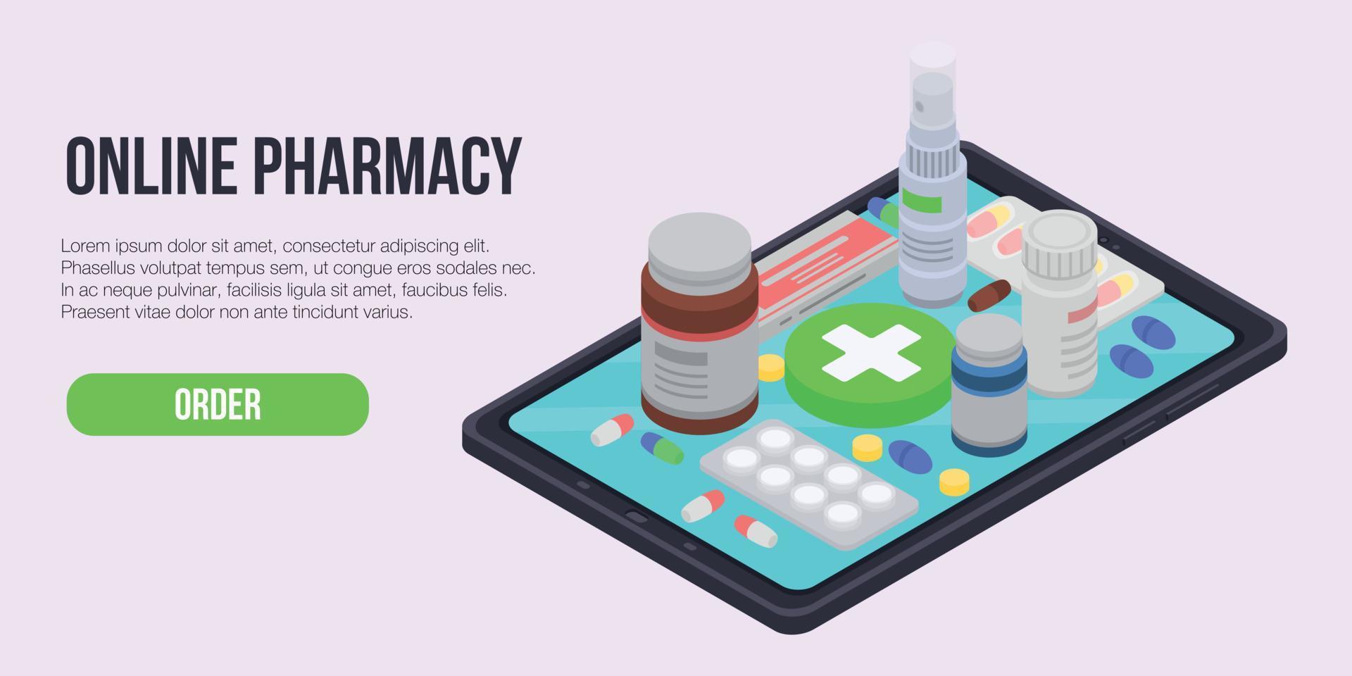 Online pharmacy concept banner, isometric style vector