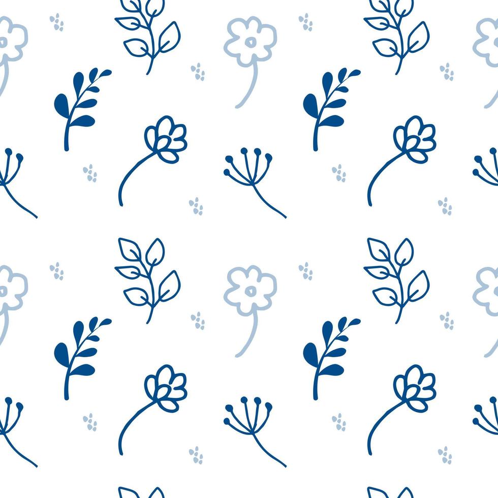 A seamless pattern of hand-drawn plant elements in doodle style. Small flowers, twigs, leaves on white background. Monochrome palette. Vector in flat style. Suitable for textiles and packaging