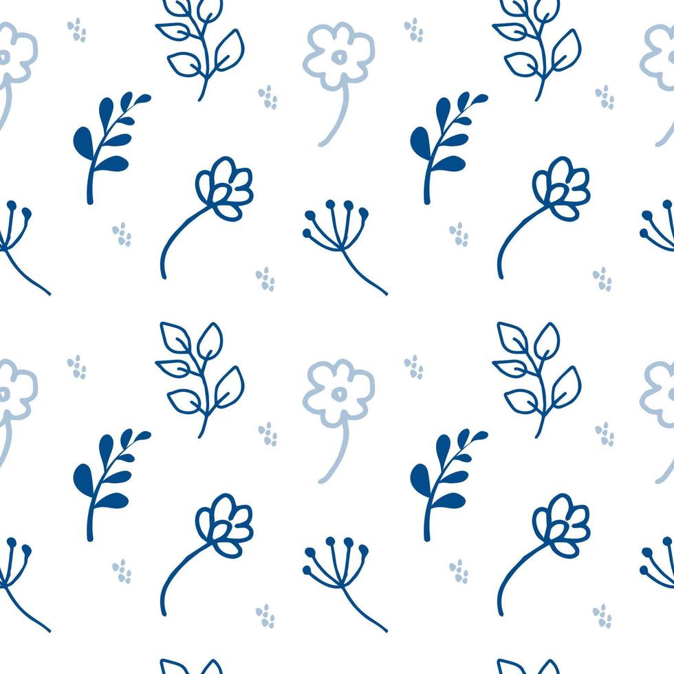 A seamless pattern of hand-drawn plant elements in doodle style. Small flowers, twigs, leaves on white background. Monochrome palette. Vector in flat style. Suitable for textiles and packaging