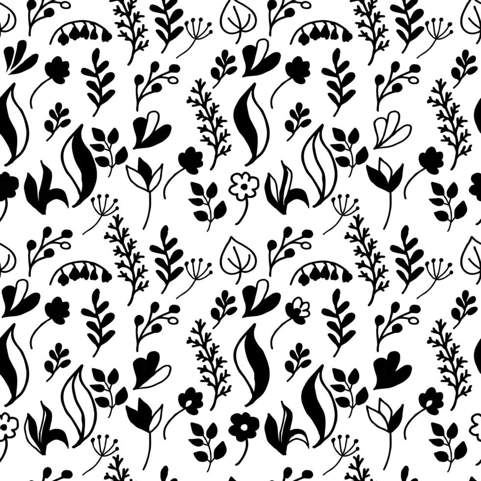 A seamless pattern of hand-drawn plant elements in doodle style. Small flowers, twigs, leaves on white background. Silhouettes. Vector in flat style. Suitable for textiles and packaging.