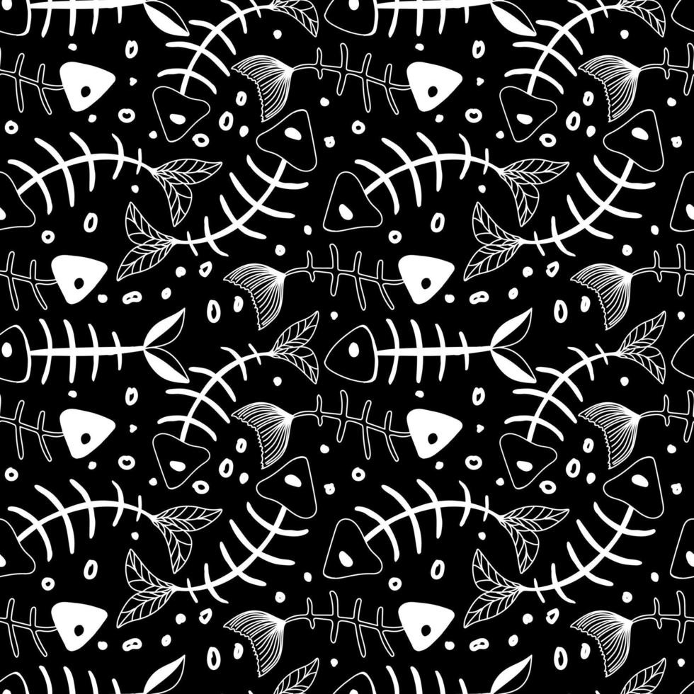 Seamless fish skeleton pattern, hand-drawn elements in doodle style. Fish Bones. Vector in cartoon style. Suitable for textiles and packaging