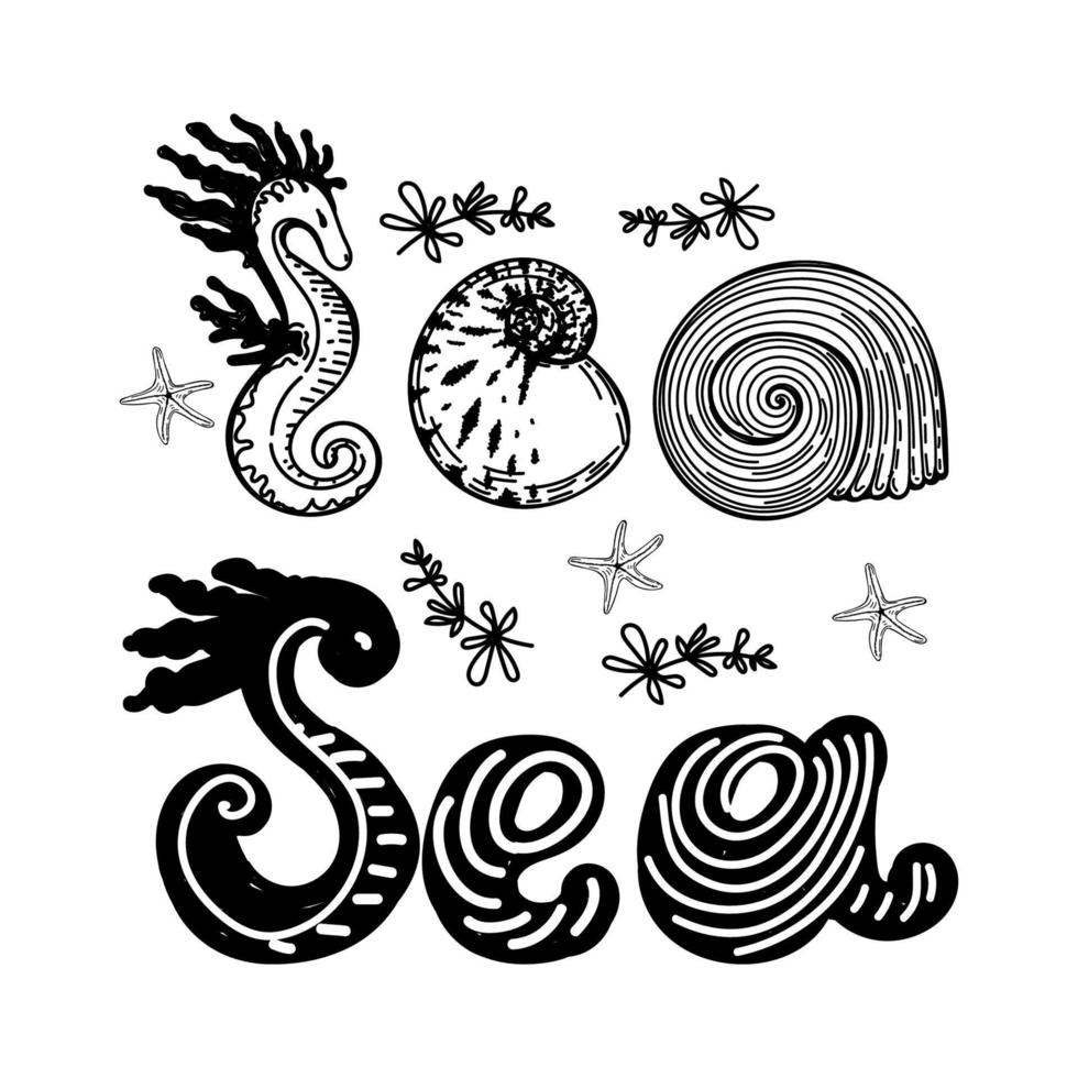 Stylized hand-drawn inscription of the sea. A pictograph of sea creatures, hand-drawn in sketch style. A rebus, a riddle. Seahorse, seashells, seaweed and small sea stars. Summer greeting card vector