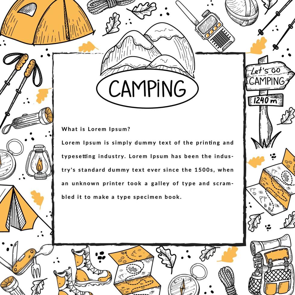 Banner with elements of camping life on a white background. Hiking. Tourism. Camping emblem with mountains. Tents, compass, map, etc. There is a revenge for the text. Hand-drawn elements in flat style vector