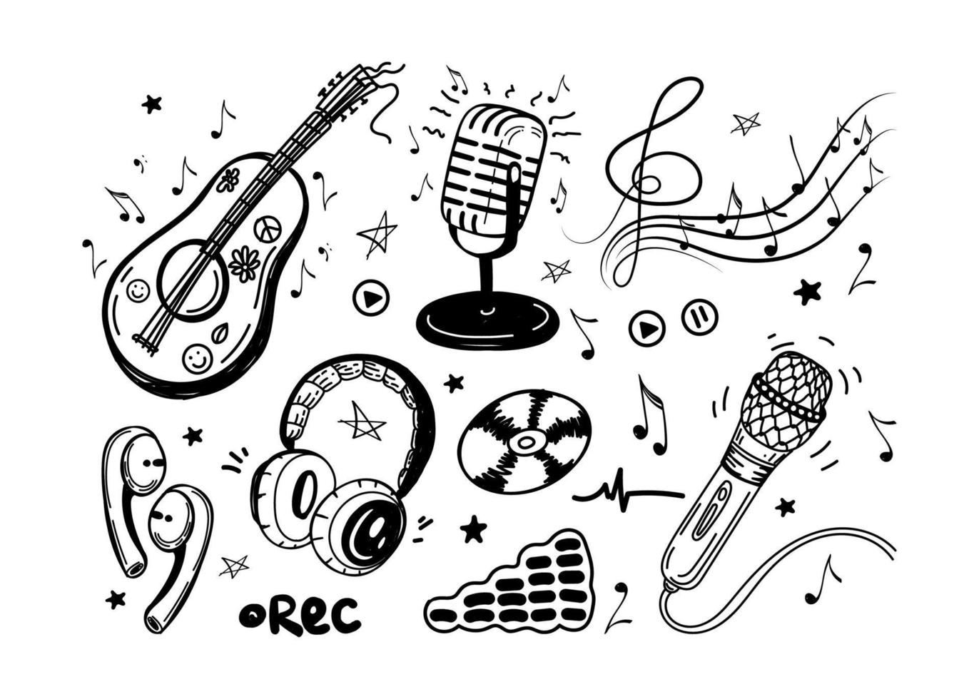 un conjunto de elementos musicales estilo boceto dibujados a mano. guitarra o ukelele. auriculares, micrófonos, cd, audio, tecla de violín con notas e iconos de grabación. vector simple ilustración aislada