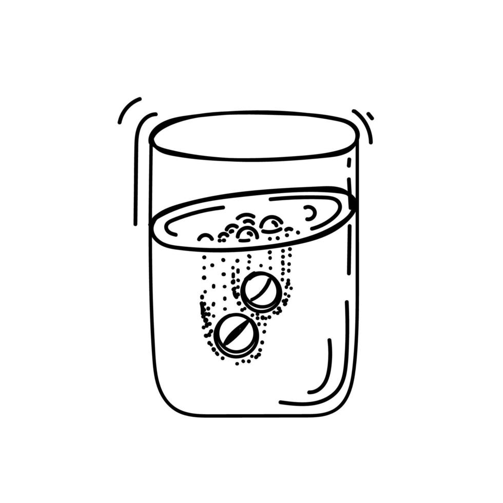 A glass of dissolving tablets. Hygienic remedy, hand-drawn with elements of the caramel. Fizzy tablets. Aspirin. Pain. Dissolve. Medications. Painkillers. Oral hygiene. Vector illustration