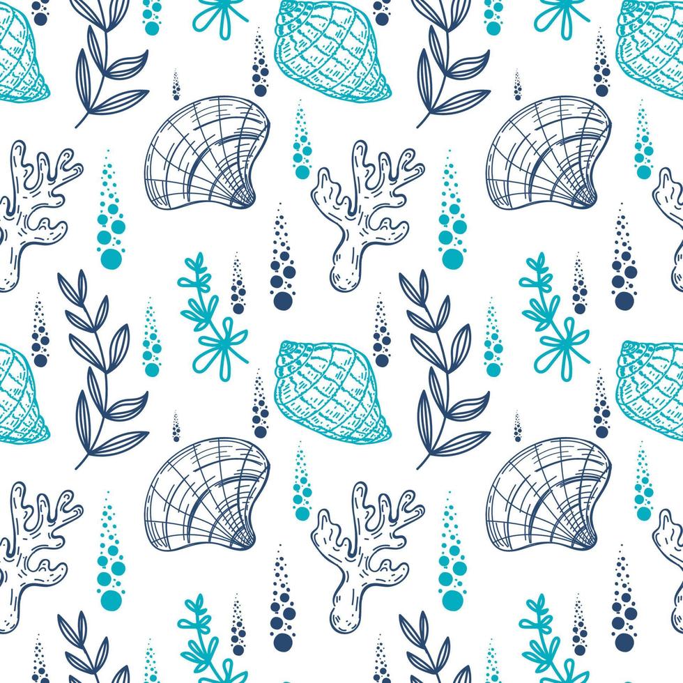 Seamless pattern, hand-drawn sea creatures in sketch style. Shells, coral and seaweed. Monochrome palette. Reef. White background. Isolated. Summer. Ocean. Flat design. Vector illustration