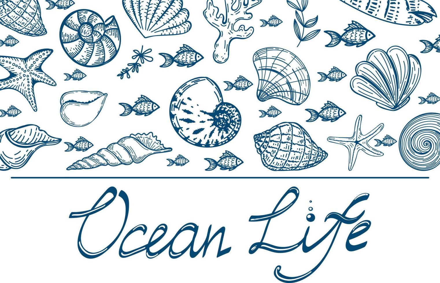 Banner with silhouettes of sea creatures on white background. Great design for advertising. The lettering is handmade. Ocean life. Shells, fish, starfish and seaweed. Hand-drawn elements vector