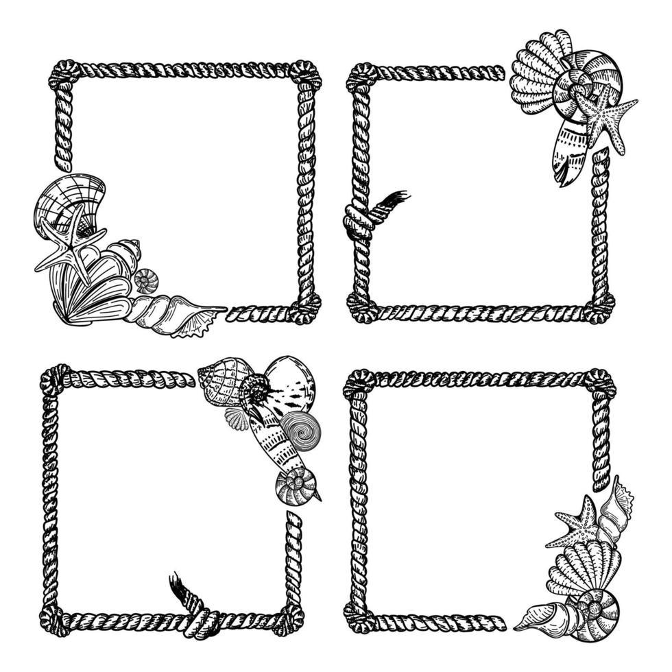 A set of nautical frames. Rope with seashells and starfish, hand-drawn doodle in sketch style. Rope with knots. Sea creatures. Summer. Ocean. Templates for photos, social media and posters vector