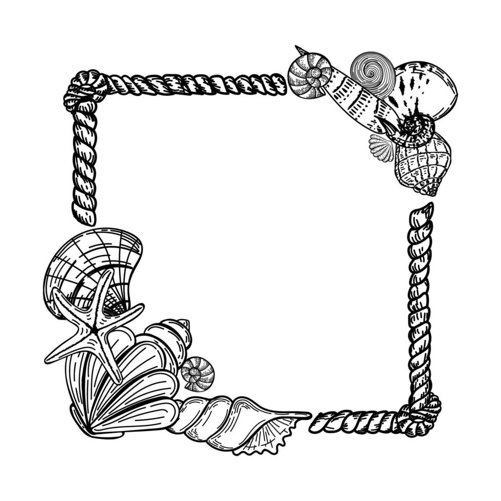 A nautical-style frame, hand-drawn doodle elements in sketch style. Sea creatures. Rope with knots. Sea-Ocean. Template for photos, social media and posters vector