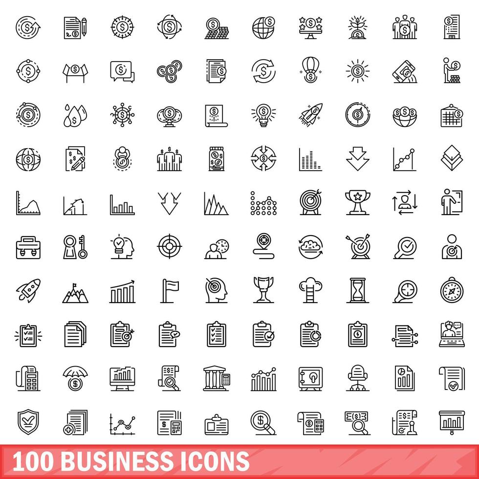 100 business icons set, outline style vector