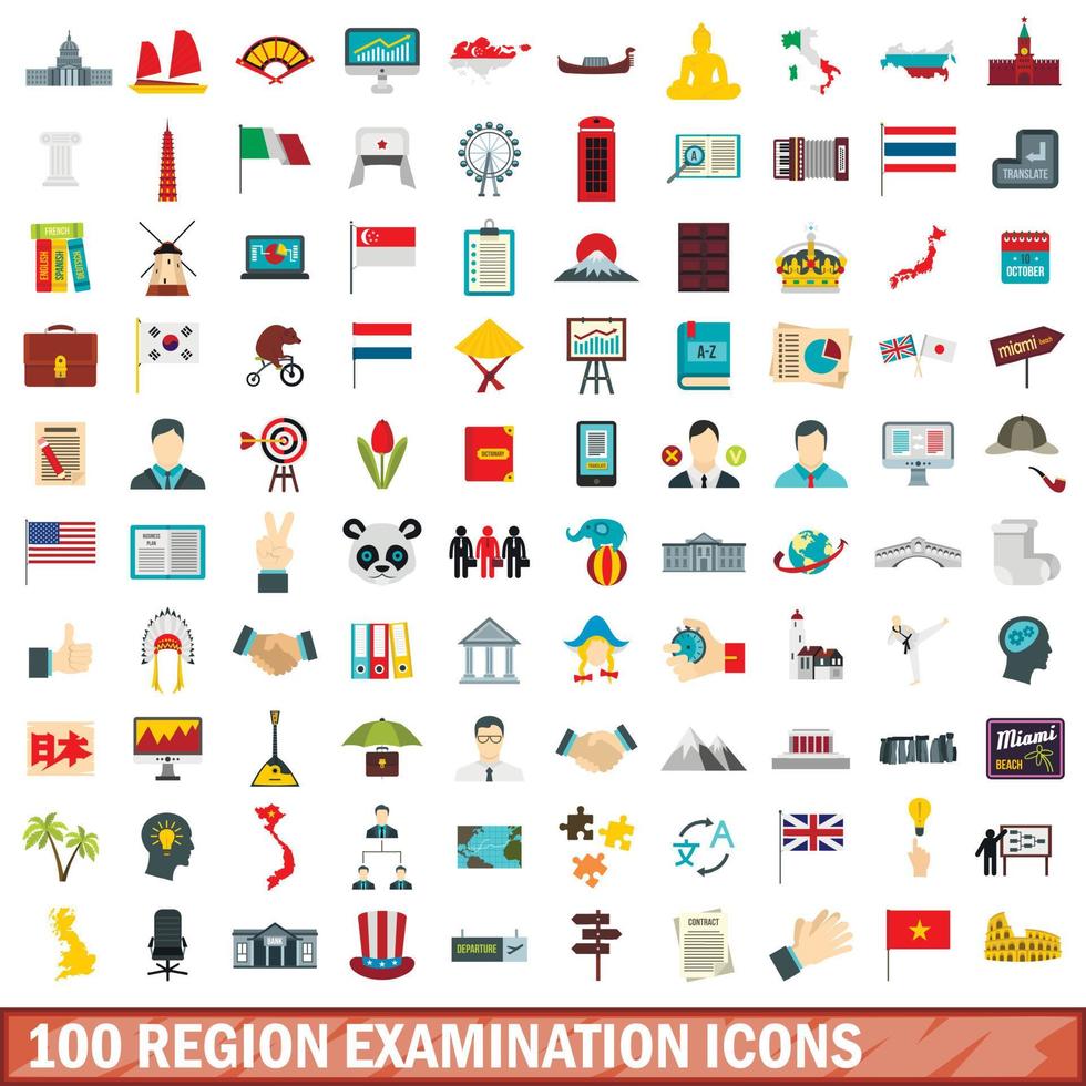 100 region examination icons set, flat style vector