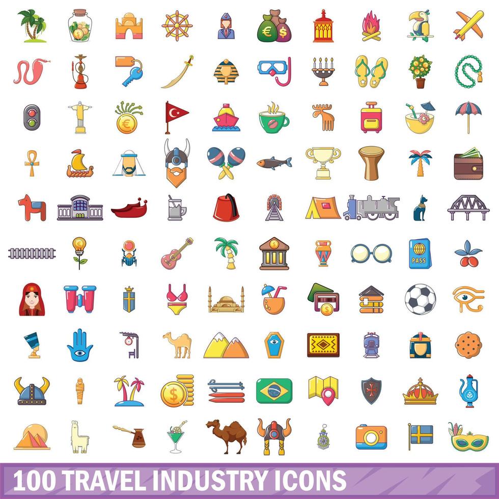 100 travel industry icons set, cartoon style vector