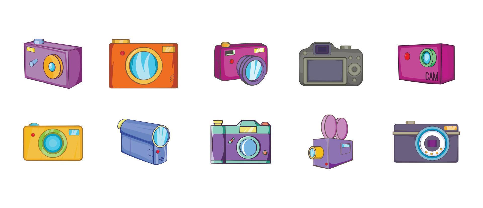 Camera icon set, cartoon style vector