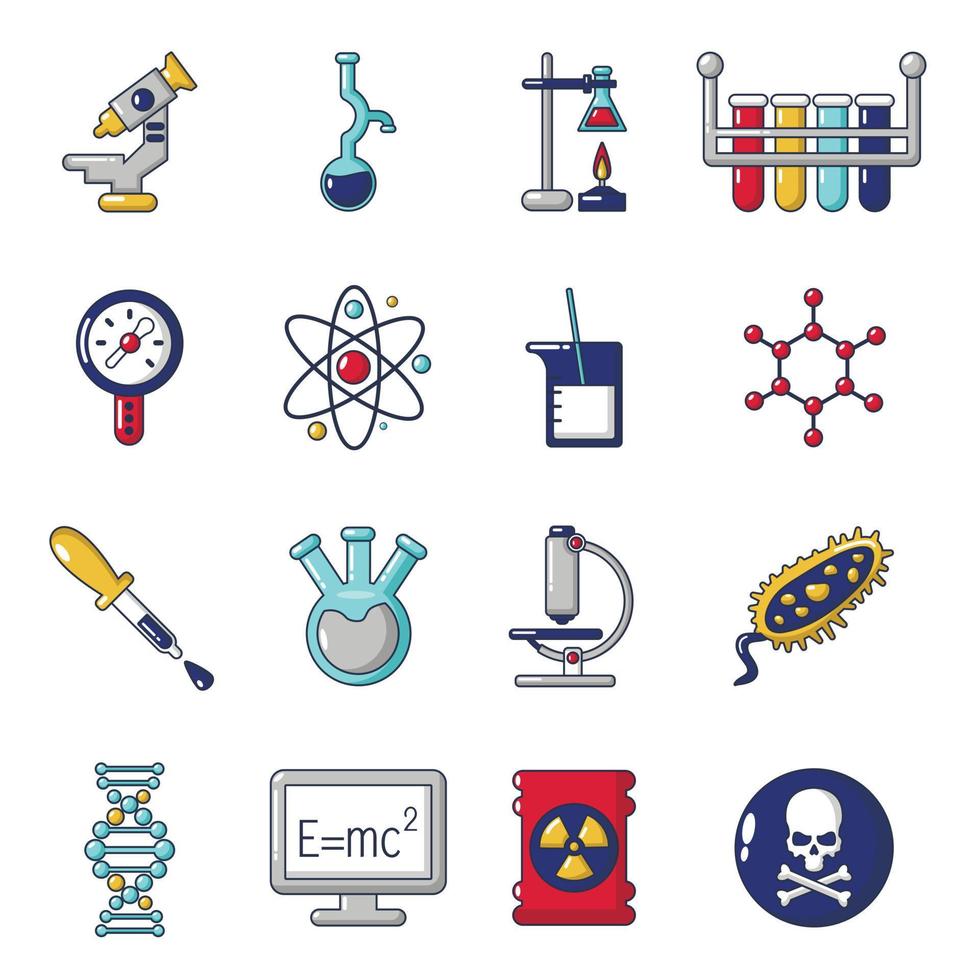 Conjunto de iconos de laboratorio de química, estilo de dibujos animados vector