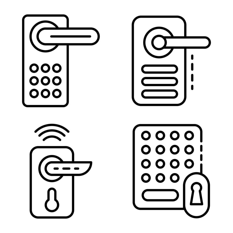 Wireless door lock icons set, outline style vector