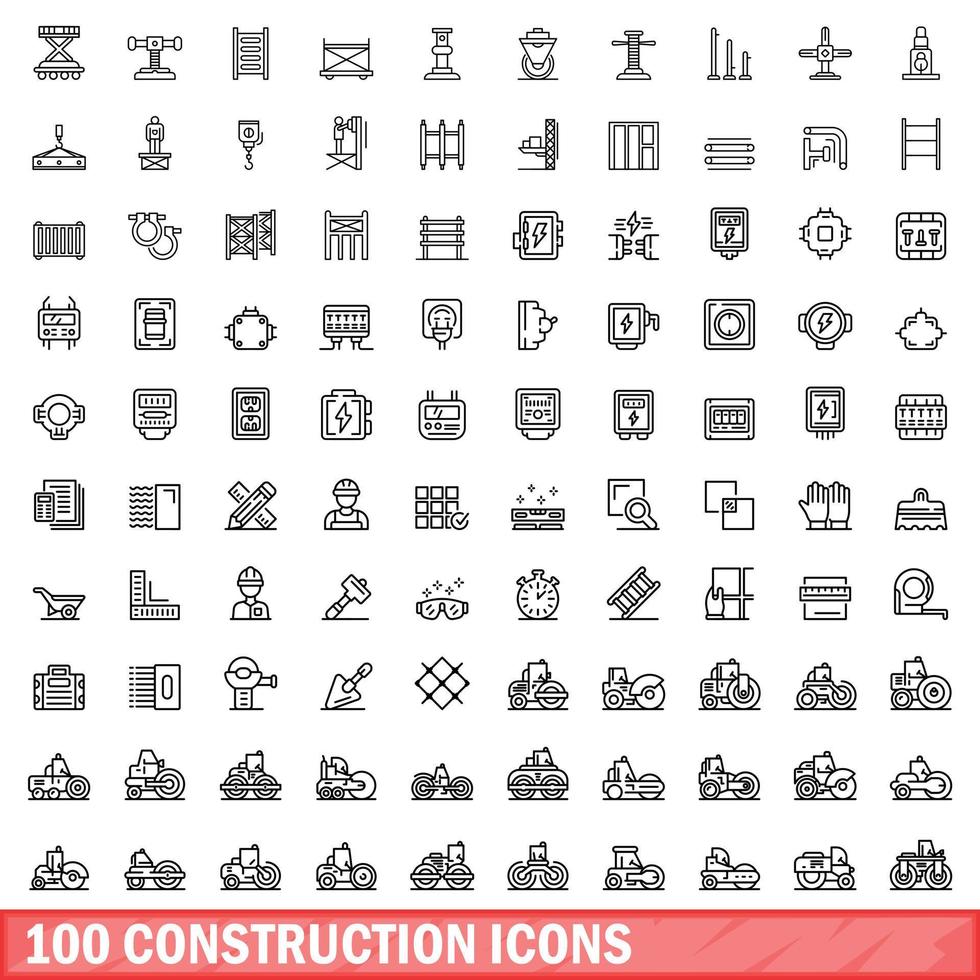 100 construction icons set, outline style vector