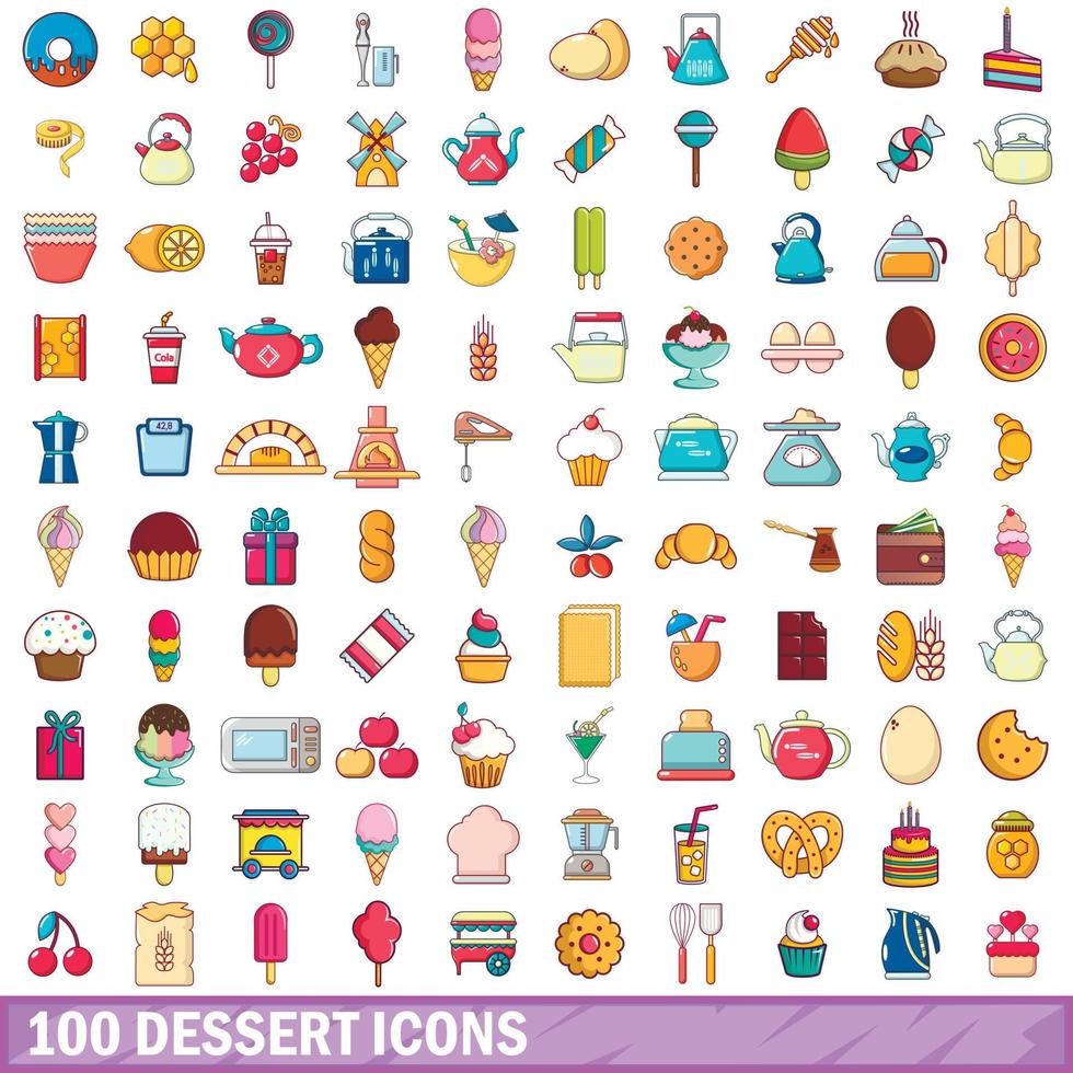 100 postres, conjunto de iconos de estilo de dibujos animados vector