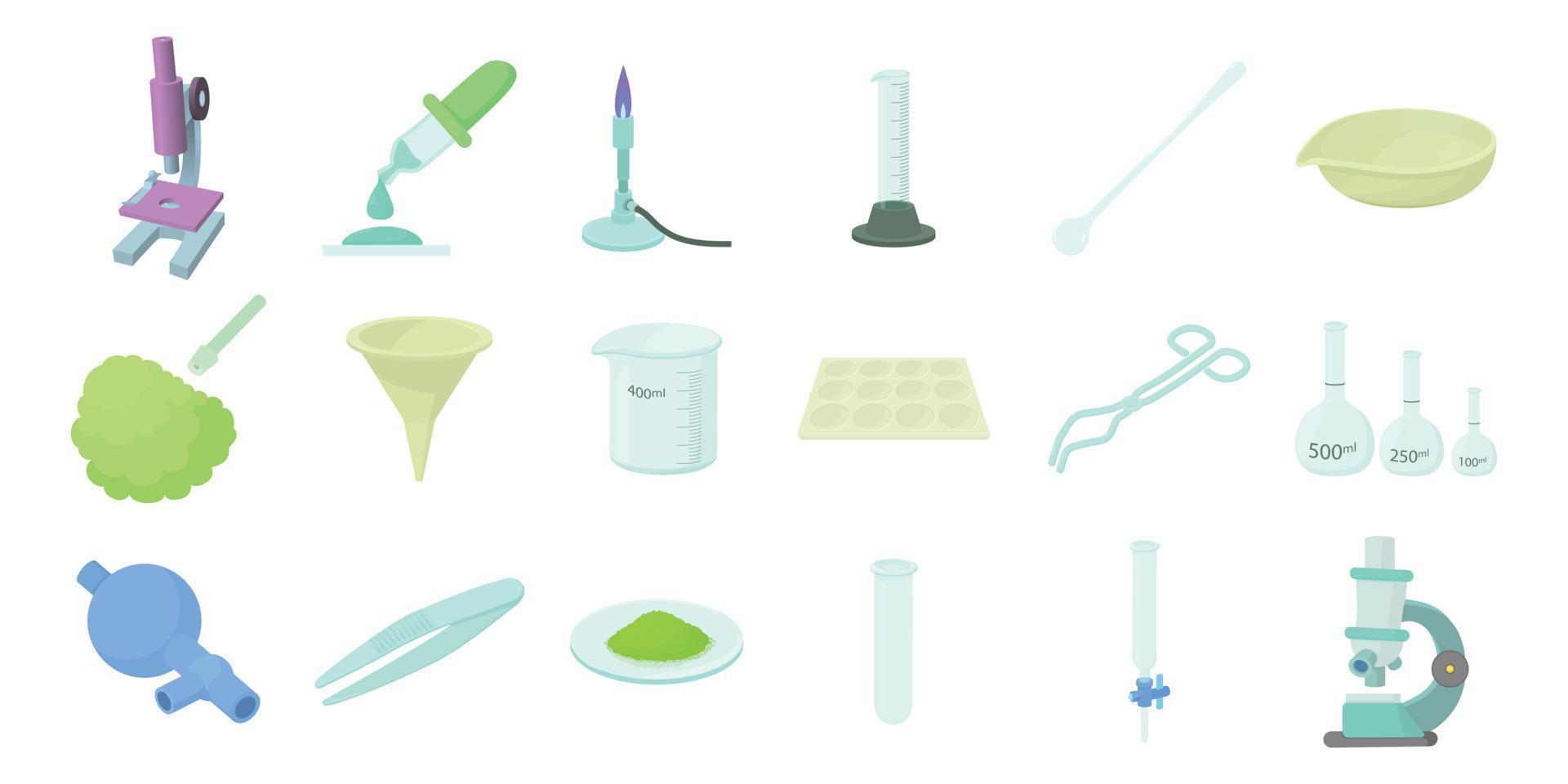 Chemical tools icon set, cartoon style vector