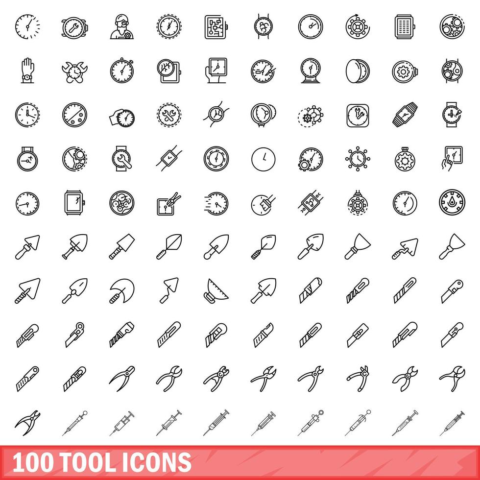 100 tool icons set, outline style vector
