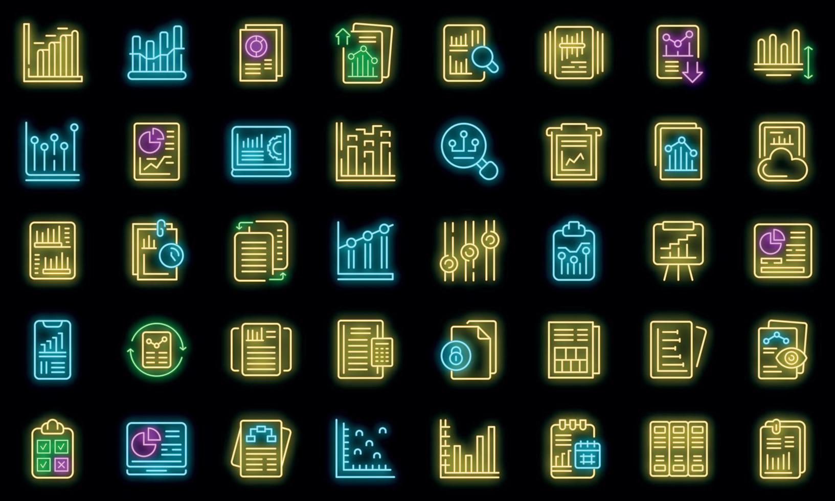 Business report icons set vector neon