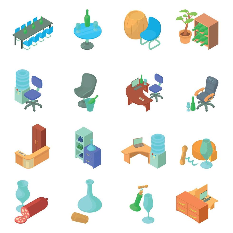 Wine office icons set, isometric style vector