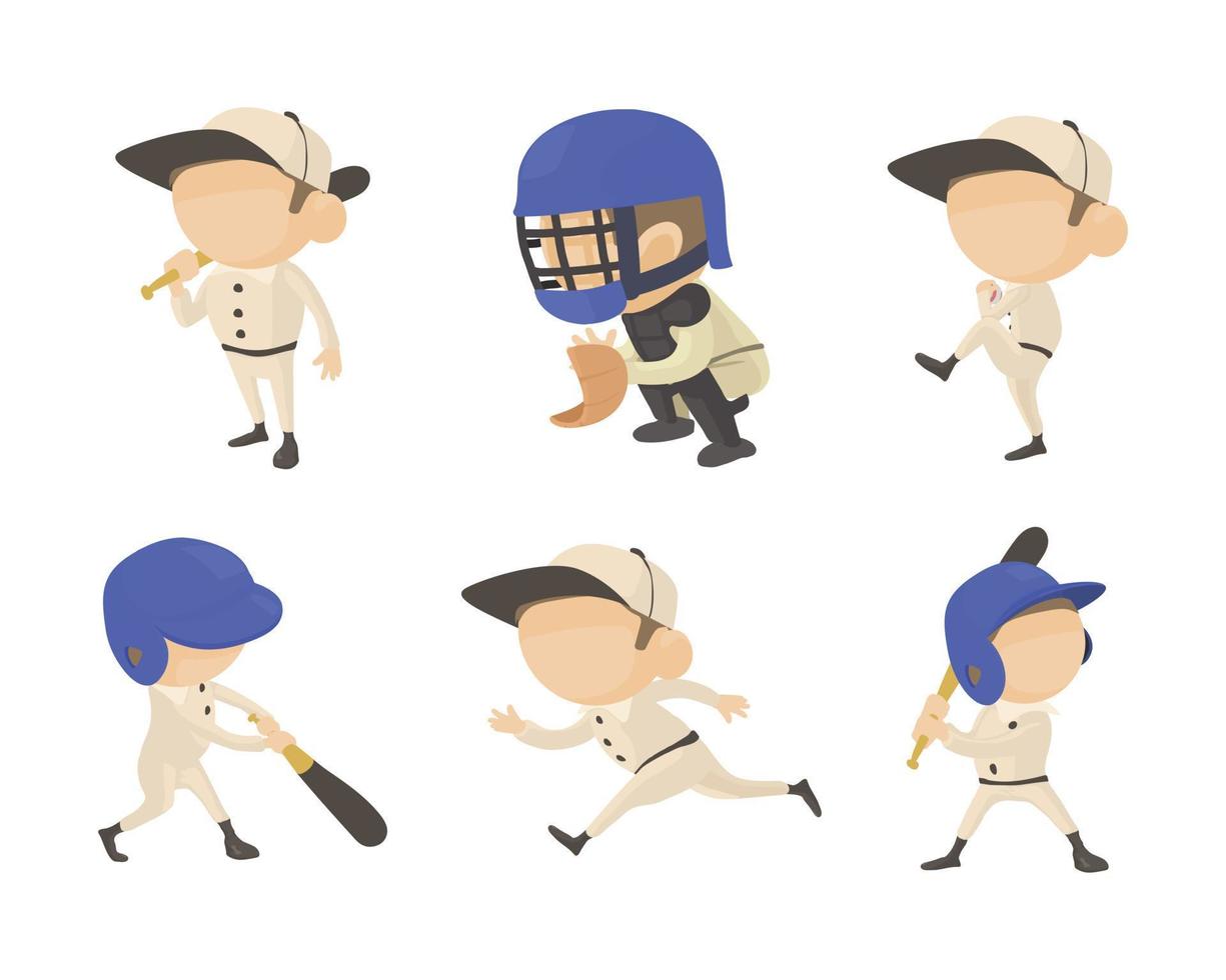 Baseball player icon set, cartoon style vector