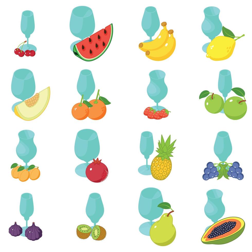 Fruit cocktail icons set, isometric style vector