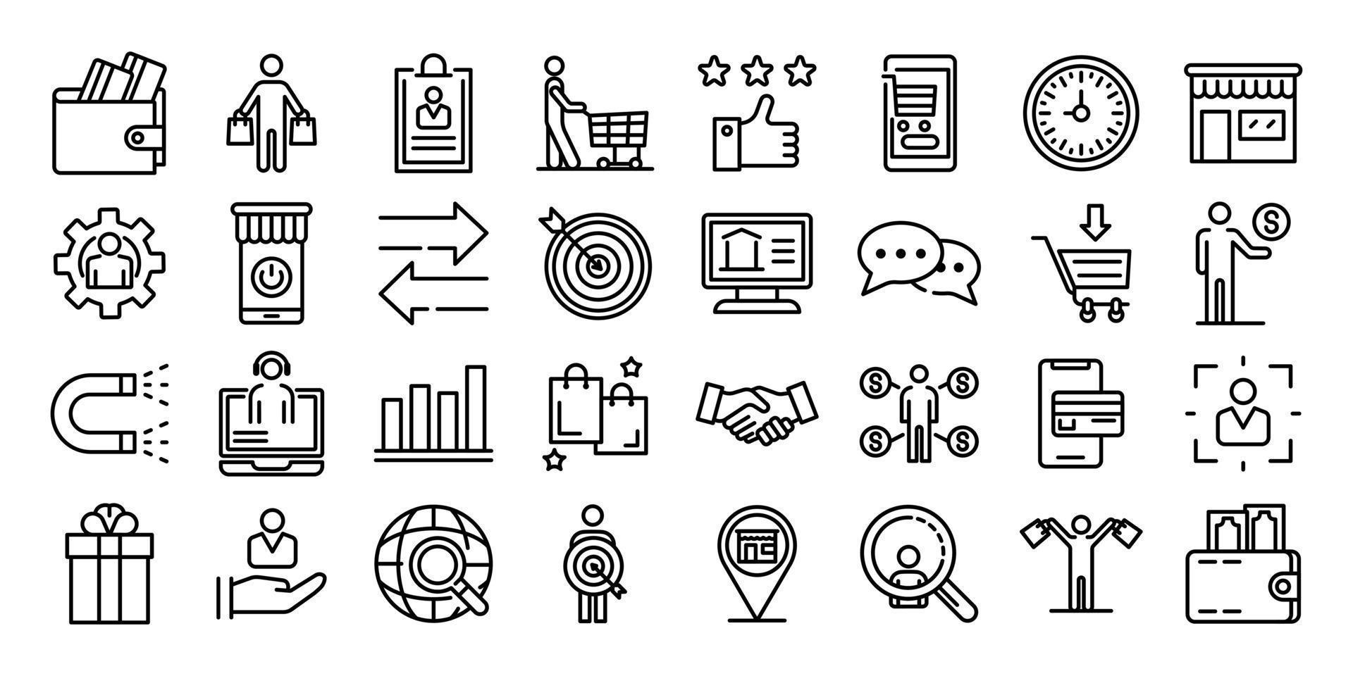 Buyer icons set, outline style vector