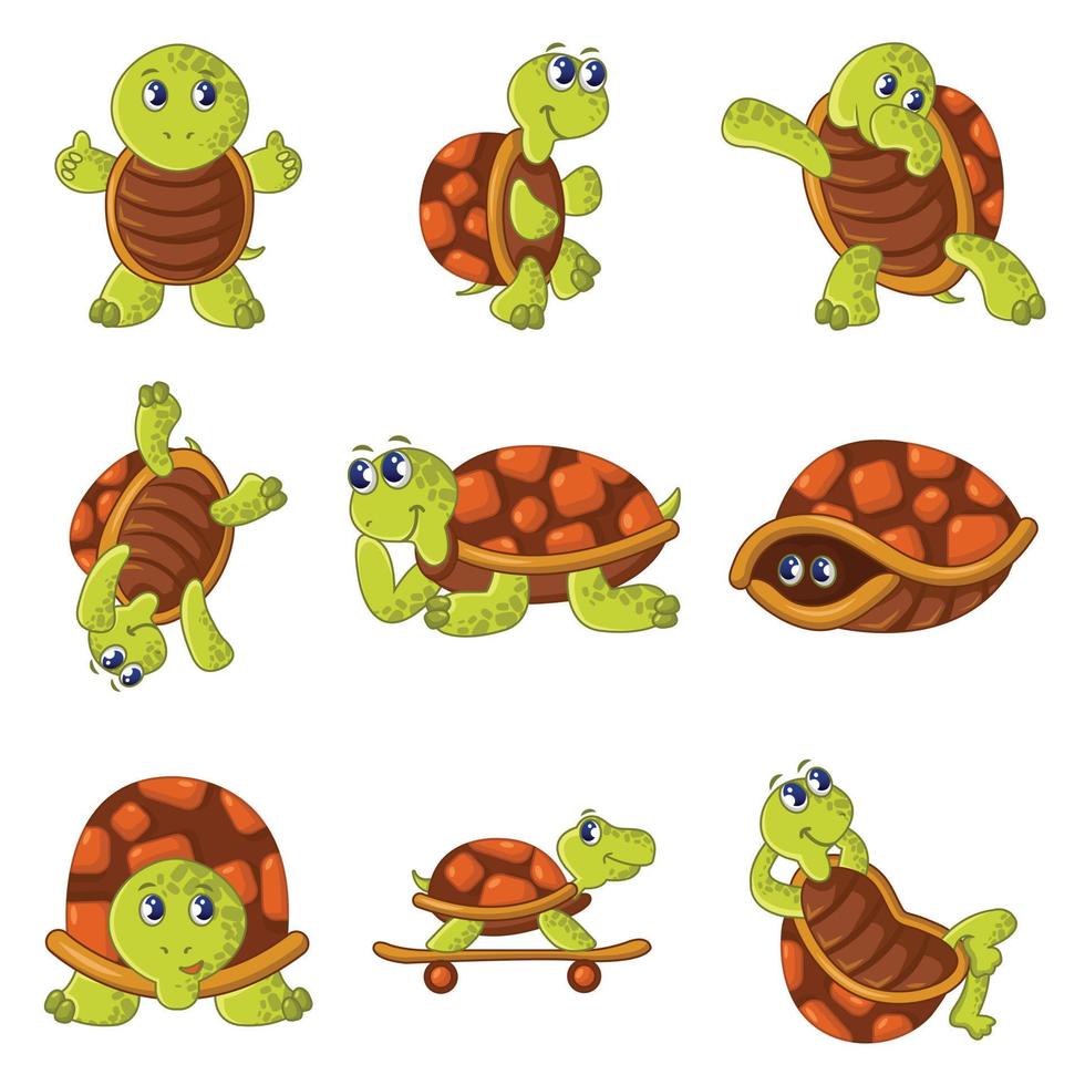 Happy turtle icons set, cartoon style vector