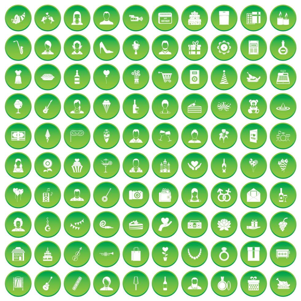 100 birthday icons set green circle vector