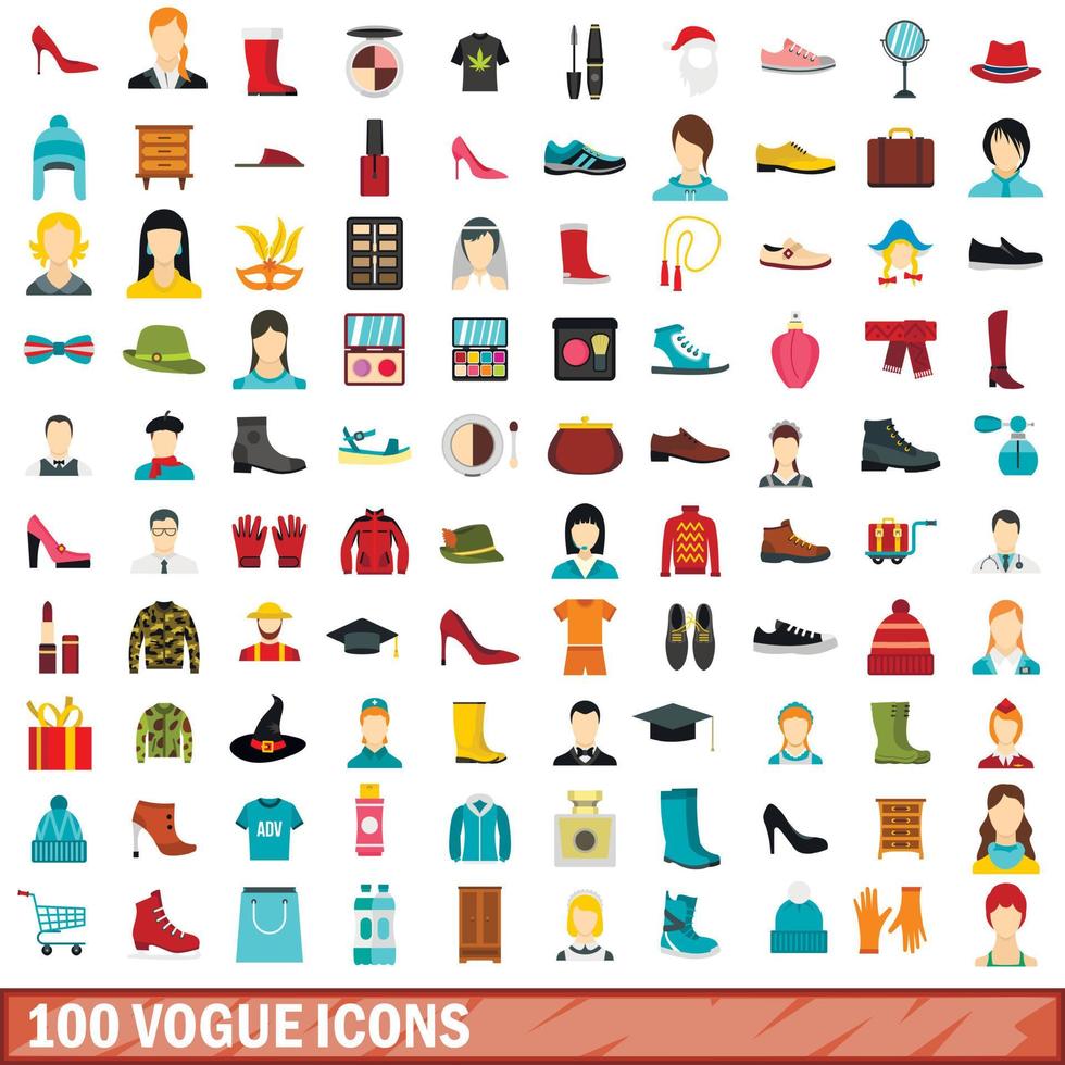 100 vogue icons set, flat style vector