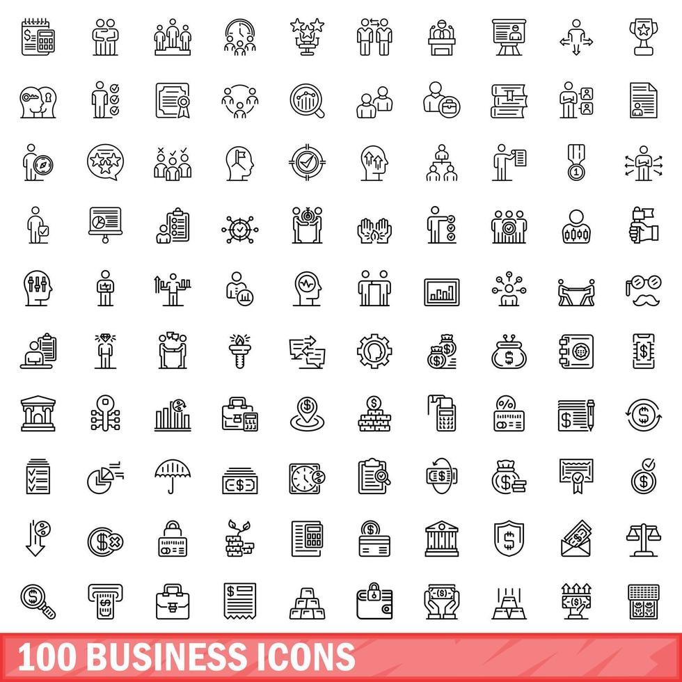 100 business icons set, outline style vector