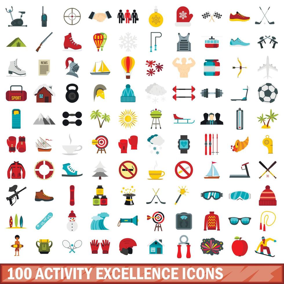 100 conjunto de iconos de excelencia de actividad, estilo plano vector