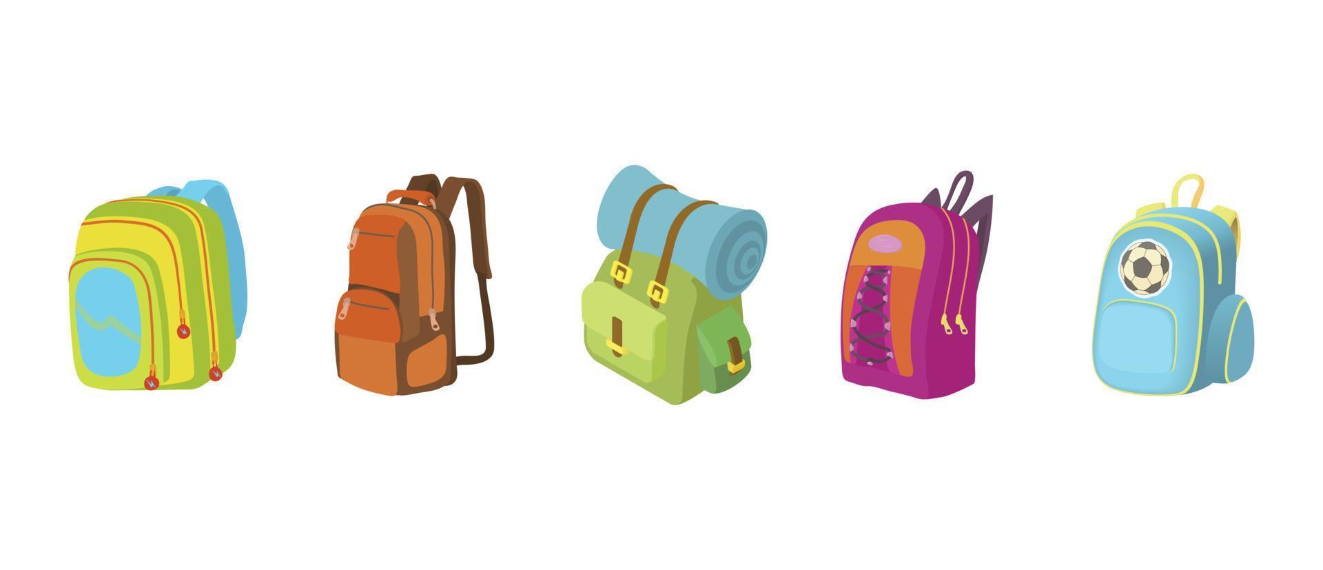 Backpack icon set, cartoon style vector