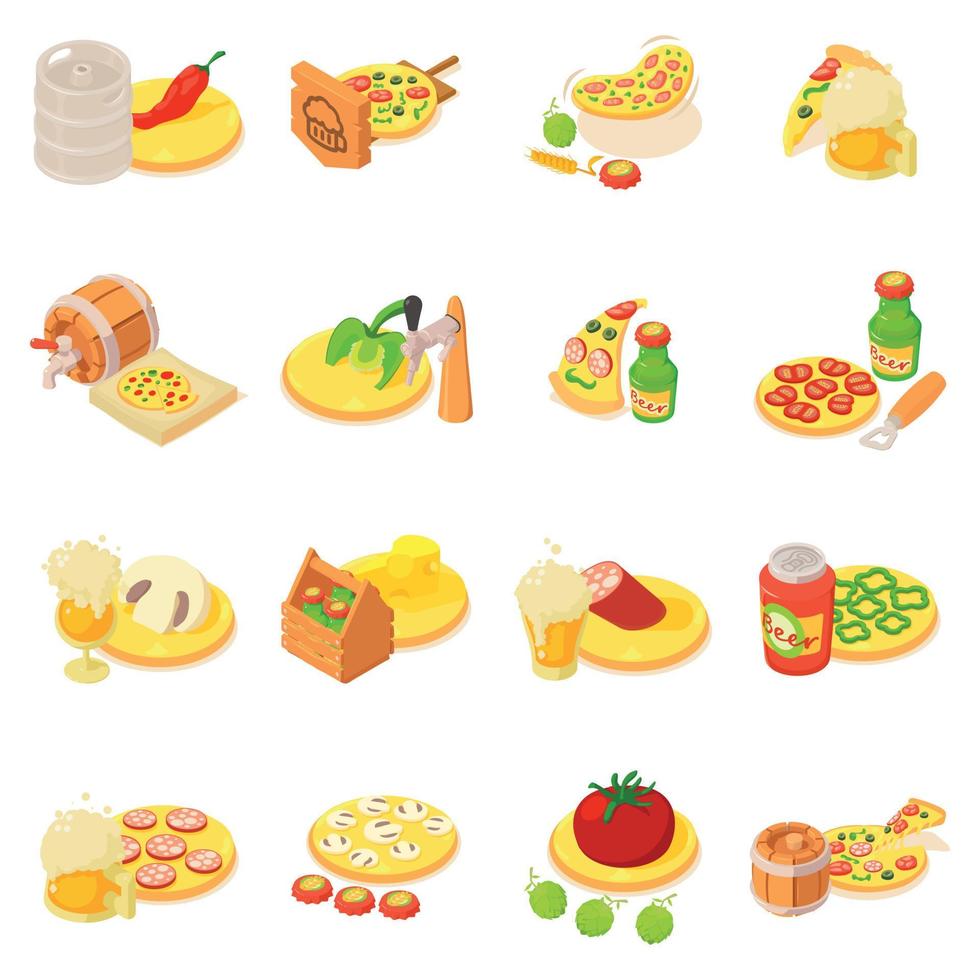 Pizza beer icons set, isometric style vector