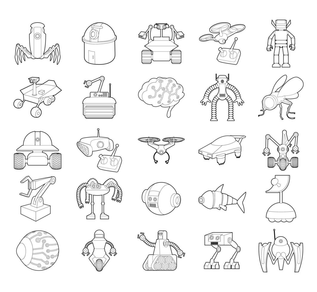 Robot icon set, outline style vector