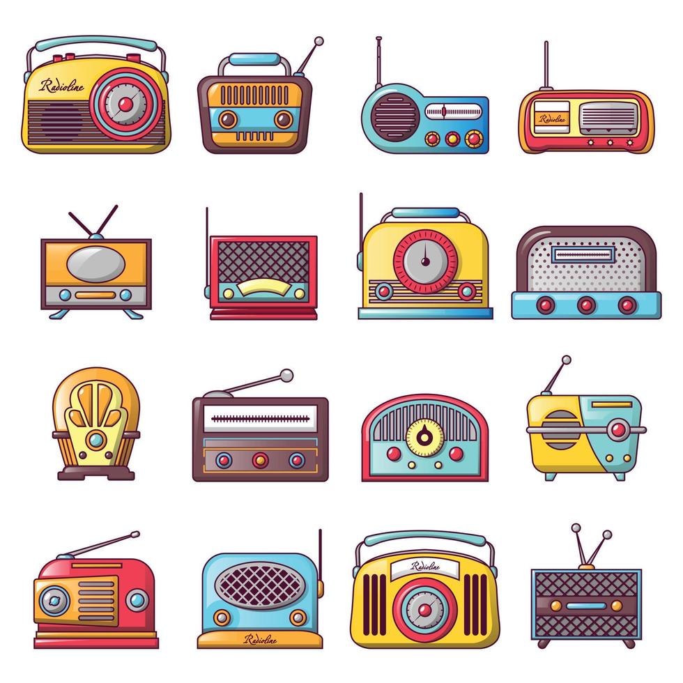 Radio music old device icons set, cartoon style vector