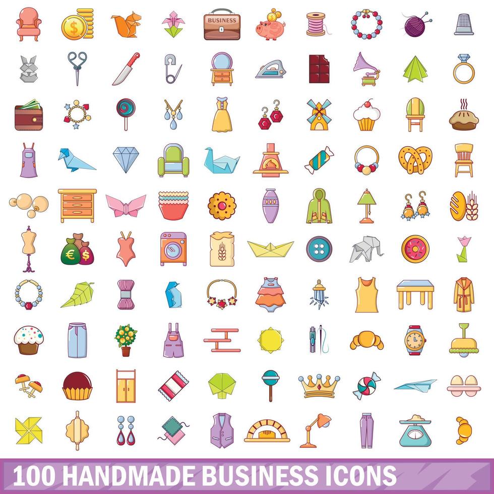 100 handmade business icons set, cartoon style vector